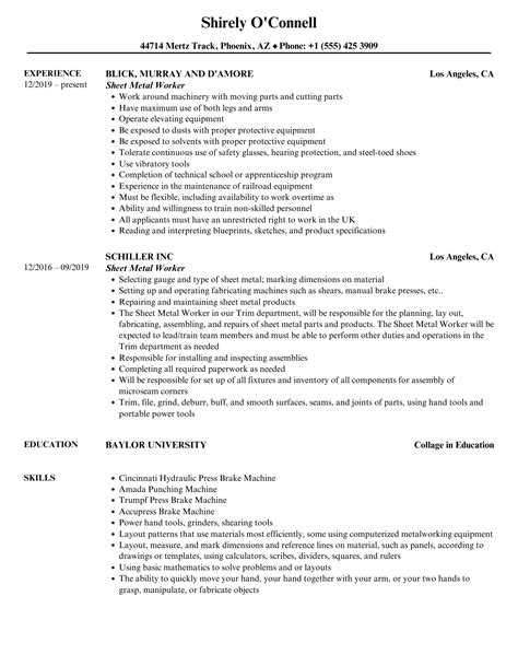 sheet metal resume examples|steel worker resume sample.